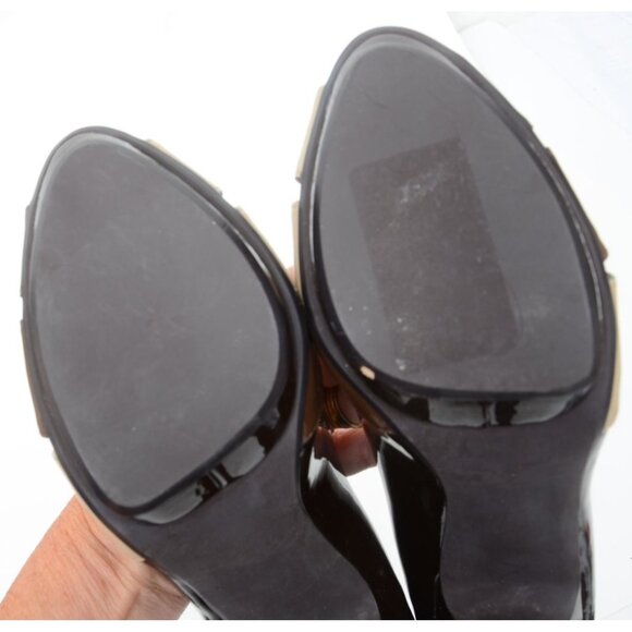 ALFANI Colorblock Brown Tan Leather Peep-Toe Heels Platform Pumps Size 9.5 M - Picture 8 of 9